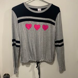 Gray and white top with 3 pink hearts